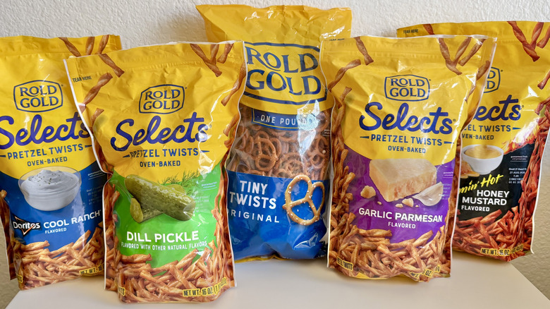 Rold Gold pretzel flavors on a table