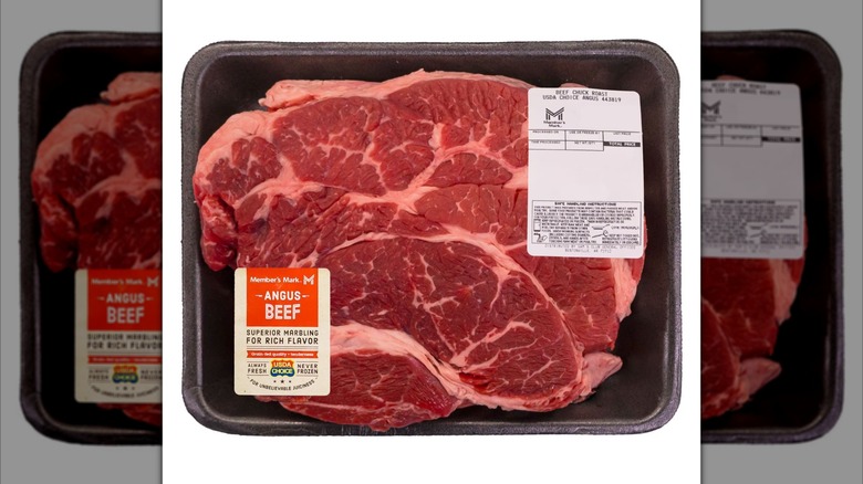 Sam's Club Member's Mark boneless chuck beef roast on black tray with plastic wrap and labels