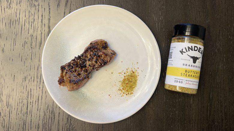 Kinder's Buttery Steakhouse seasoning on steak cut