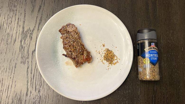 McCormick Grill Mates Montreal Steak Seasoning on steak cut