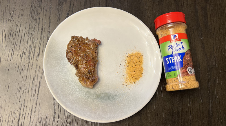 McCormick Perfect Pinch Steak Seasoning on steak cut