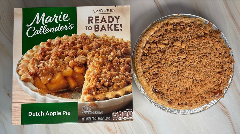 Top-down shot of Marie Callender's apple pie next to box on table