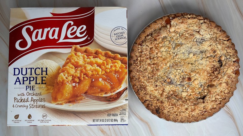 Top-down shot of Sara Lee apple pie next to box on table