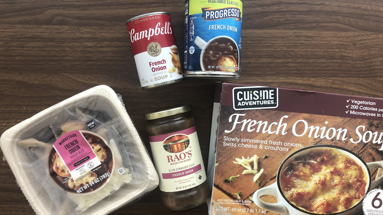 five different store-bought french onion soups