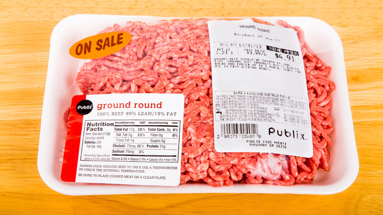A package of ground beef in its packaging.