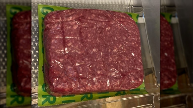 Vacuum packed ground beef.