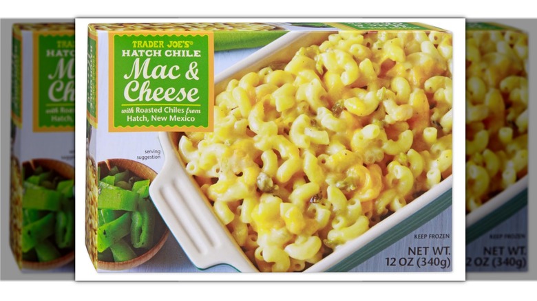 Fully prepared hatch chile mac & cheese in ramekins displayed alongside box