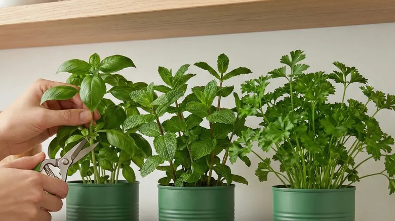 A pair of hands clips herbs in green painted tin cans against a white wall.