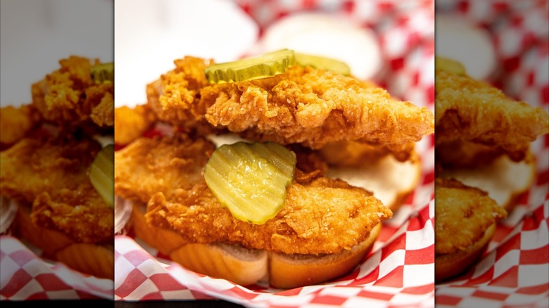 Bottom of a chicken sandwich