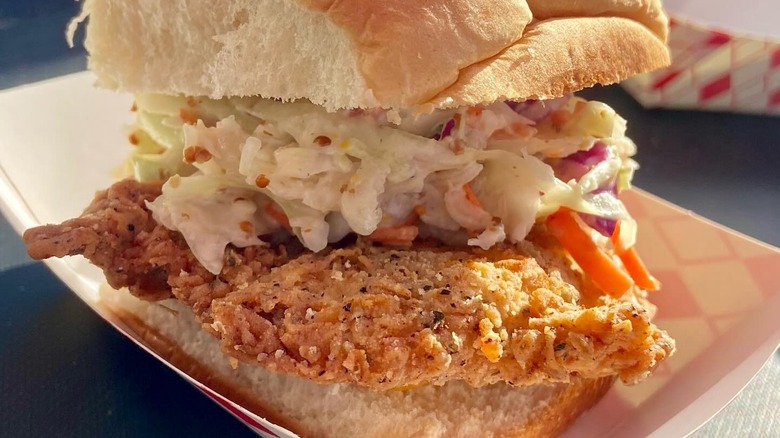 Fried chicken sandwich in a paper basket
