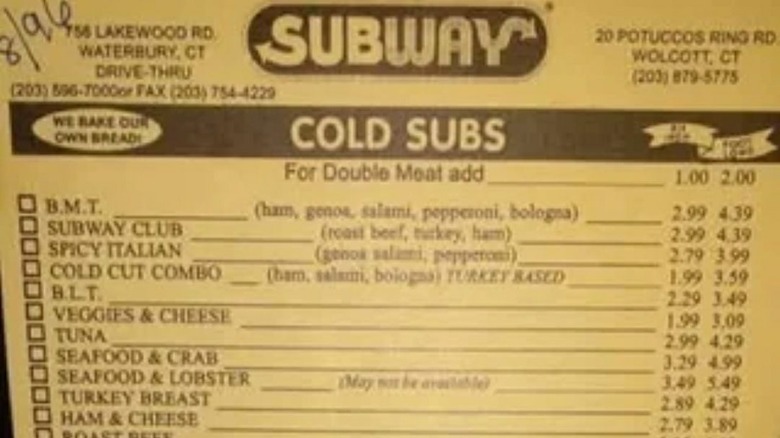 Subway menu from 1996