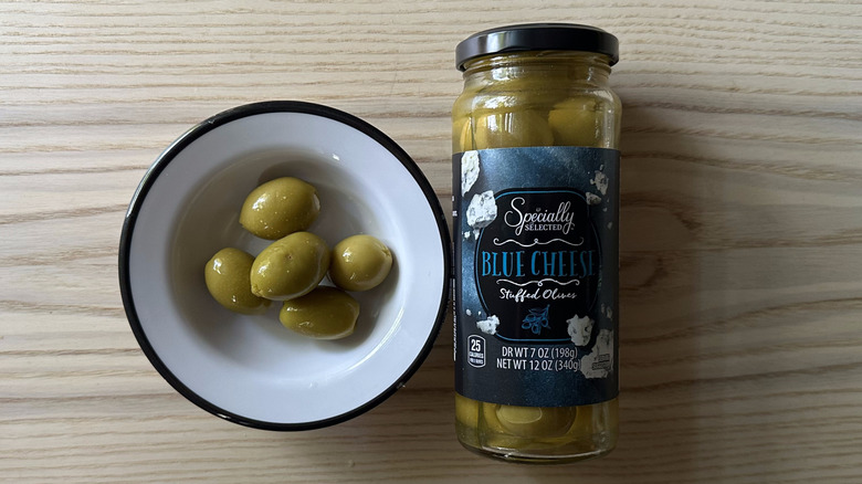 Specially Selected Blue Cheese Stuffed Olives in white bowl