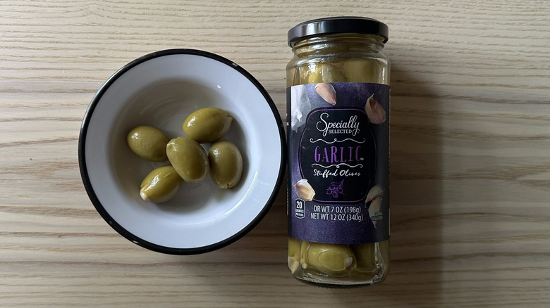 Specially Selected Garlic Stuffed Olives in white bowl