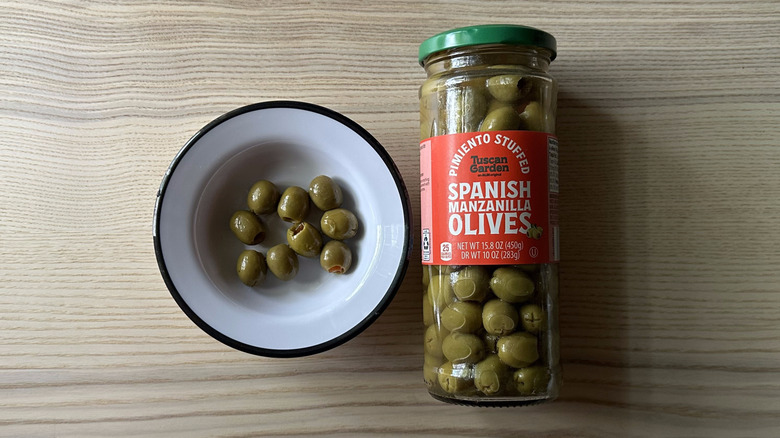 Tuscan Garden Pimento Stuffed Spanish Manzanilla Olives in white bowl