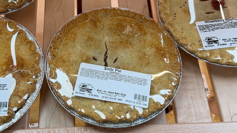 Close-up of Snitz Pie in packaging at Bird-in-Hand Bake Shop