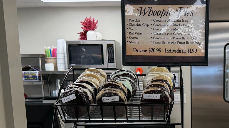 Stand of Whoopie Pies in front of sign at Bird-in-Hand Bake Shop