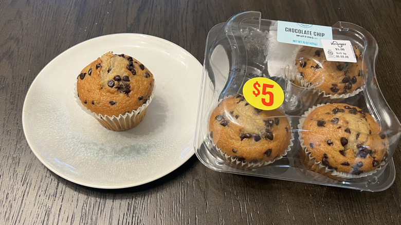 Kroger Bakery Fresh chocolate chip muffin on a plate.