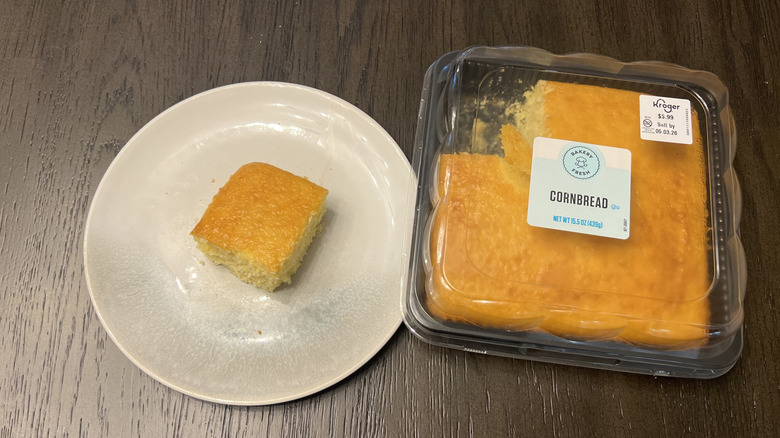 Kroger Bakery Fresh cornbread slice on plate.