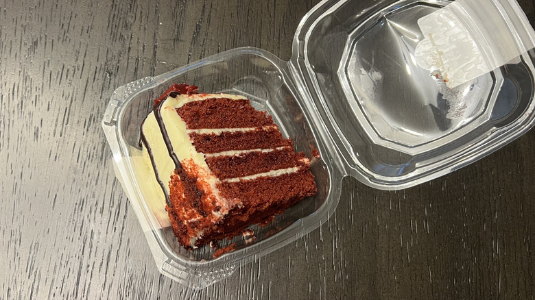 Kroger Private Selection four-layer red velvet cake slice.