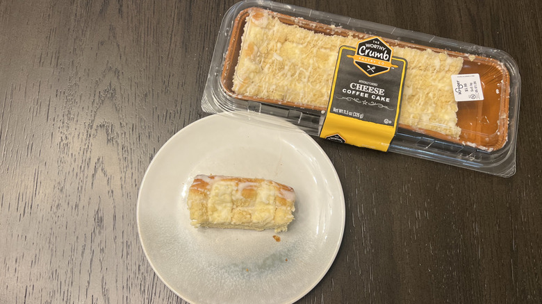 The Worthy Crumb cheese coffee cake slice on a plate.