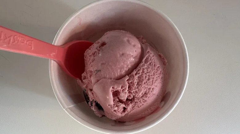 Top view of a scoop of Baskin Robbins' Cherries Jubilee in a cup