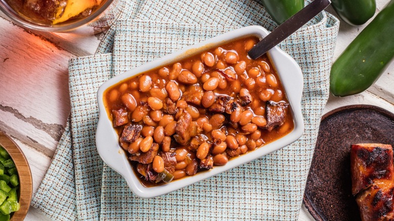 Famous Dave's Wilbur beans in rectangular serving dish
