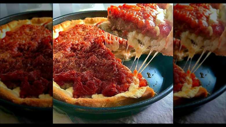 mirrored border image of slice being lifted from deep dish pizza