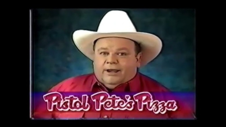 screenshot from Pistol Pete's Pizza commercial with man wearing cowboy hot
