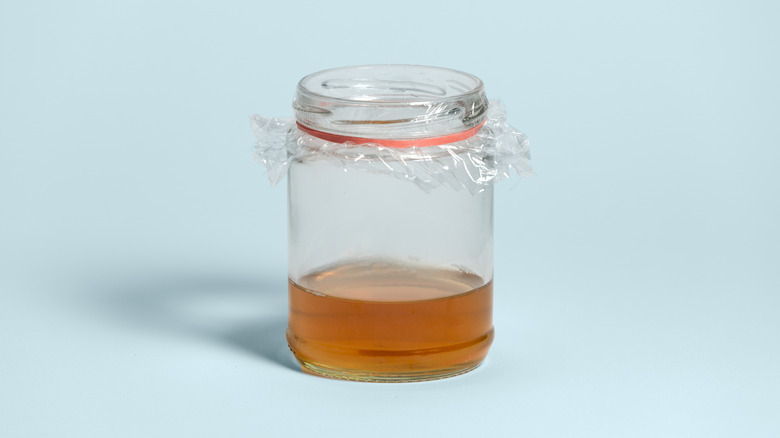 A mason jar used as a fruit fly trap shown on a plain background