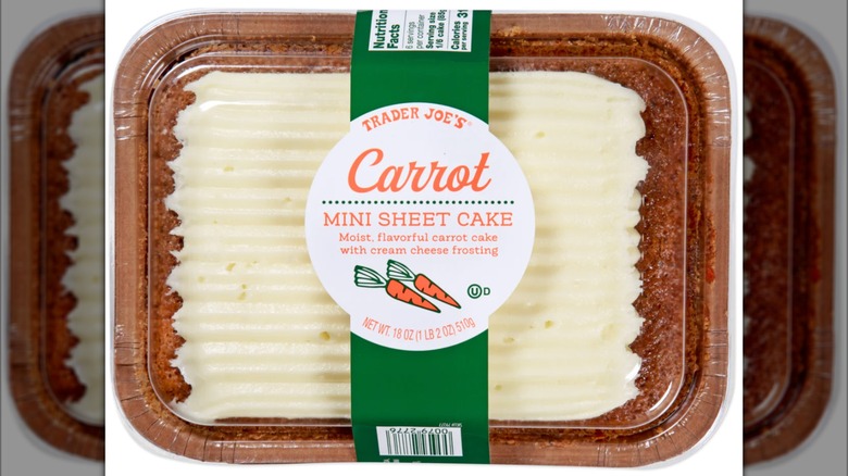 Close up view of Trader Joe's Carrot Cake Sheet Cake in packaging