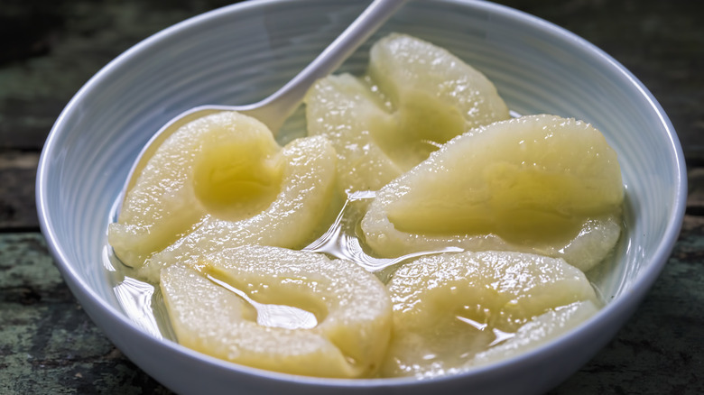bowl canned pears syrup