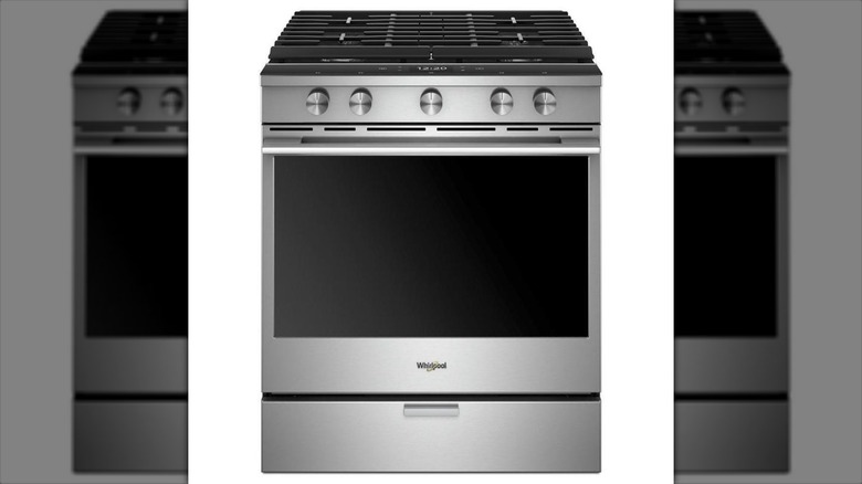 The Whirlpool Smart Slide-in Gas Range against a white background
