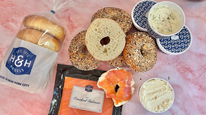 Array of bagels from H&H on pink surface