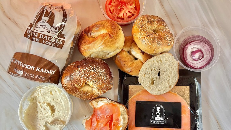 Array of bagels from Utopia on marbled surface