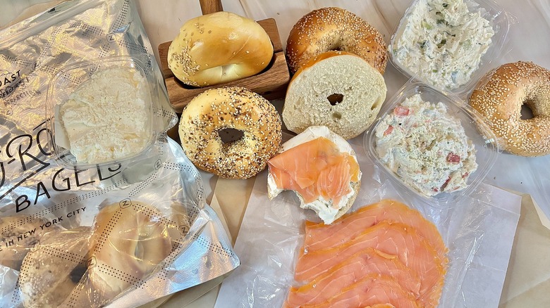 Array of bagels from Zucker's on marbled surface