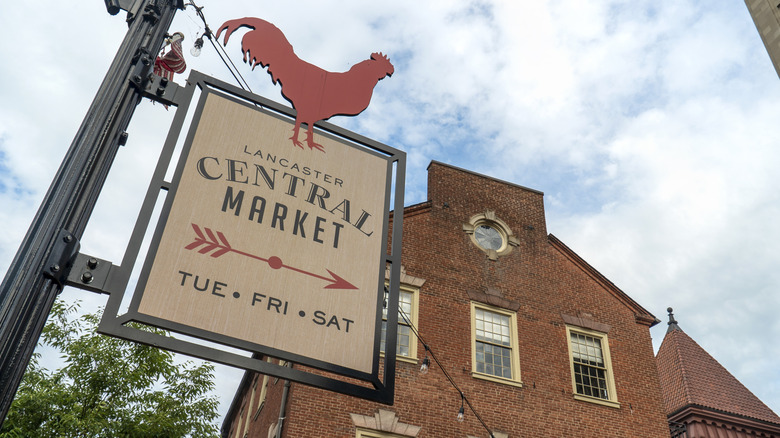 Sign for Lancaster Central Market, building behind