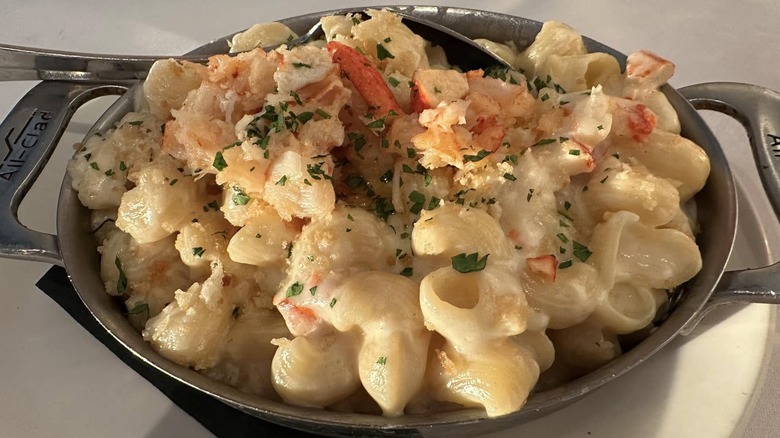 Del Frisco's Double Eagle Steakhouse's lobster macaroni & cheese in a silver baking dish