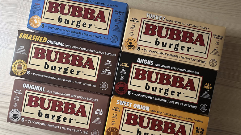Boxes of Bubba Burgers on wooden table
