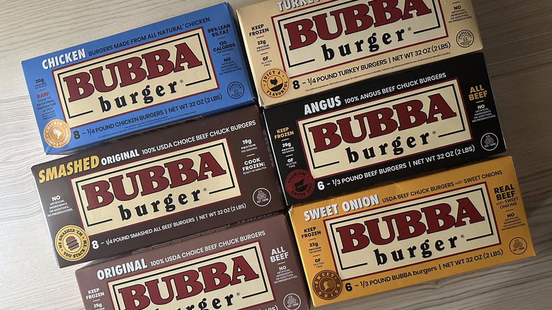Boxes of Bubba Burgers on wooden table