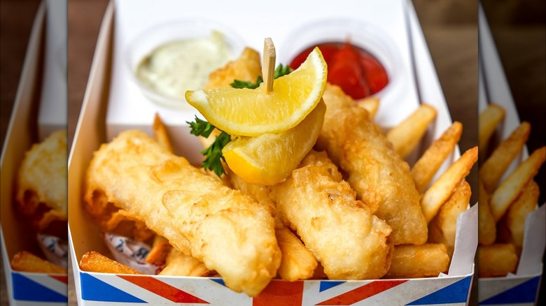 Fish and chips with lemon in Union Jack branded box