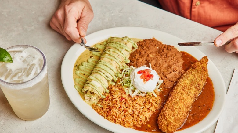 Tex-Mex combination platter with margarita aerial view