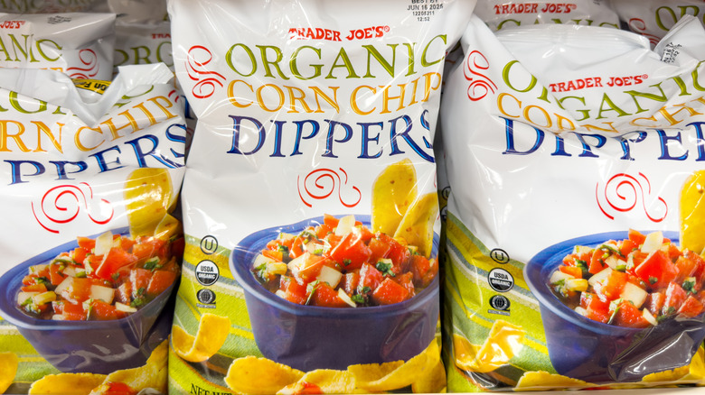 Bags of Trader Joe's Organic Corn Chip Dippers on shelf in store