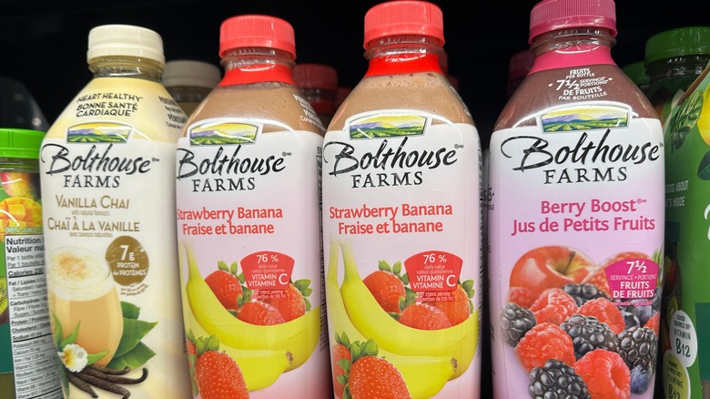 Bottled smoothies on grocery store shelf