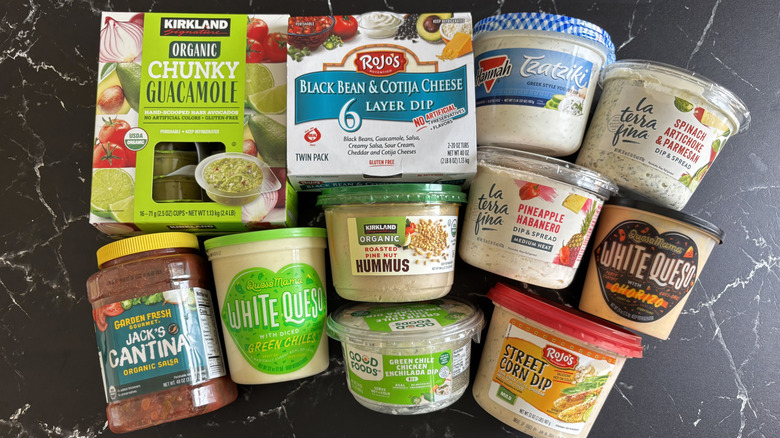 Various Costco dips on countertop
