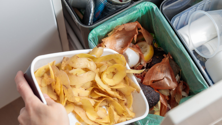 hand dumping food scraps into full compost bin
