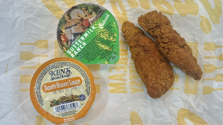 Culver's buffalo chicken tenders with ranch and Boom Boom sauce.