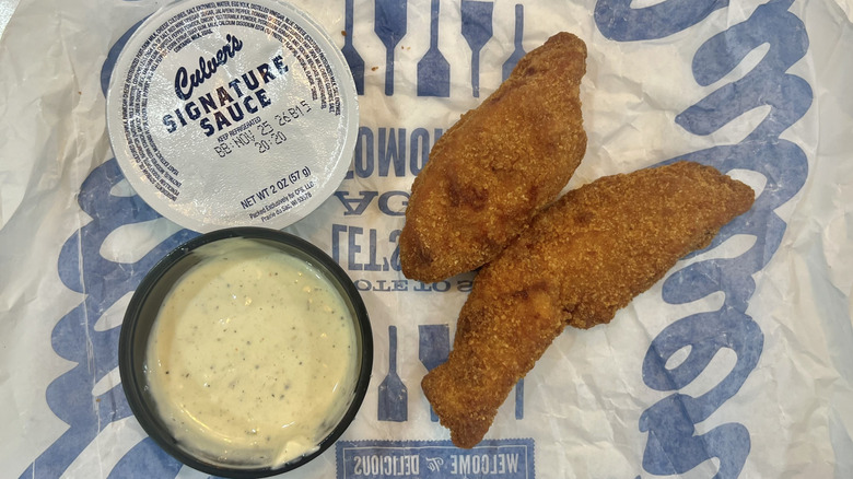 Culver's original chicken tenders with signature and creamy jalapeno sauce.