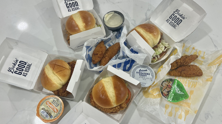 Six different culver's chicken items in packaging.
