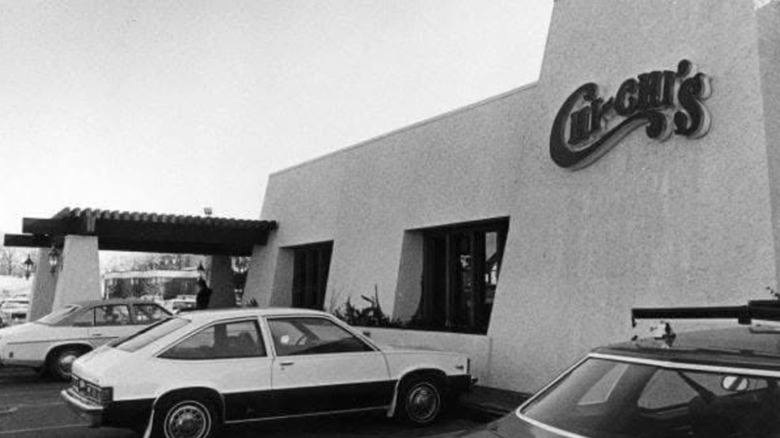 A black and white photo of an old Chi-Chi's location