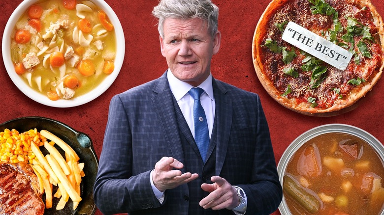 Gordon Ramsay surrounded by plates of food